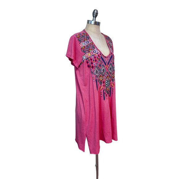 Johnny Was Pink Embroidered Tunic Dress Short Sleeves Boho Style Medium - Picture 2 of 5